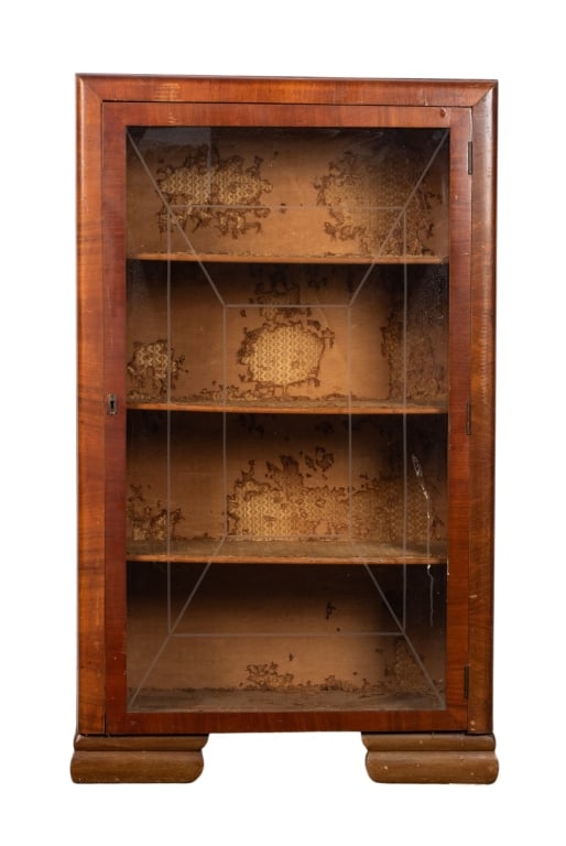 BIEDERMEIER STYLE VITRINE BOOKCASE: Biedermeier style vitrine bookcase with etched glass. Approximate dimensions: h. 45.5", w. 27", d. 12" Disclaimer: Participating bidders must have a credit card on file with LiveAuctioneers in order