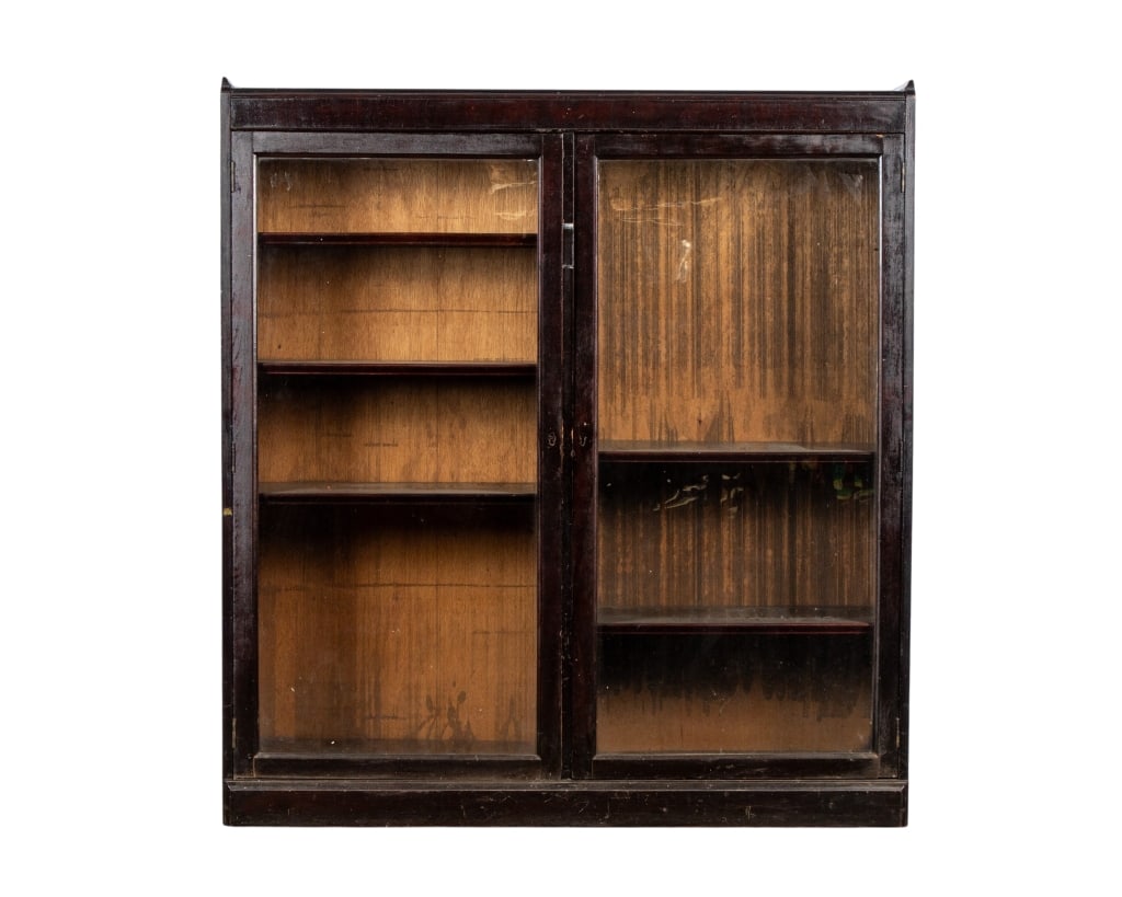 VINTAGE DARK WOOD BREAKFRONT CABINET: Vintage dark wood breakfront cabinet. Approximate dimensions: h. 52", w. 45", d. 13" Disclaimer: Participating bidders must have a credit card on file with LiveAuctioneers in order for their bidding r