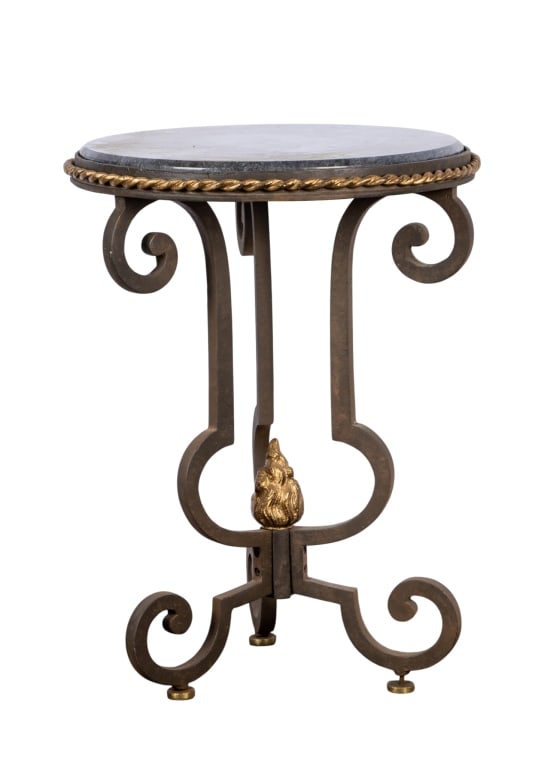 20TH CENTURY MARBLE TOP ACCENT TABLE WITH ROPE MOT: 20th century. Marble top accent table with gilded rope motif and flame finial. Approximate dimensions: h. 26", dia. 19" Disclaimer: Participating bidders must have a credit card on file with