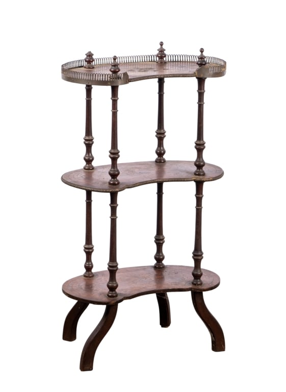 REGENCY FLORAL MARQUETRY INLAY SHELF: Regency floral marquetry inlay shelf with brass gallery. Approximate dimensions: h. 33", w. 17.5", d. 14" Disclaimer: Participating bidders must have a credit card on file with LiveAuctioneers in