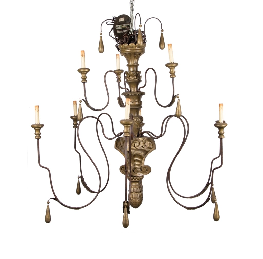 CONTEMPORARY ITALIAN STYLE IRON & WOOD CHANDELIER: Contemporary Italian style iron and wood chandelier. Approximate dimensions: h. 38", dia. 50" Disclaimer: Participating bidders must have a credit card on file with LiveAuctioneers in order for their 