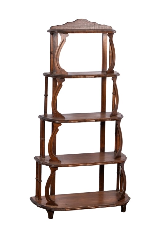 VINTAGE FIVE-TIER CARVED WALNUT ETAGERE: Vintage five-tier carved walnut etagere. Approximate dimensions: h. 49", w. 25", d. 11.5" Disclaimer: Participating bidders must have a credit card on file with LiveAuctioneers in order for their bidd