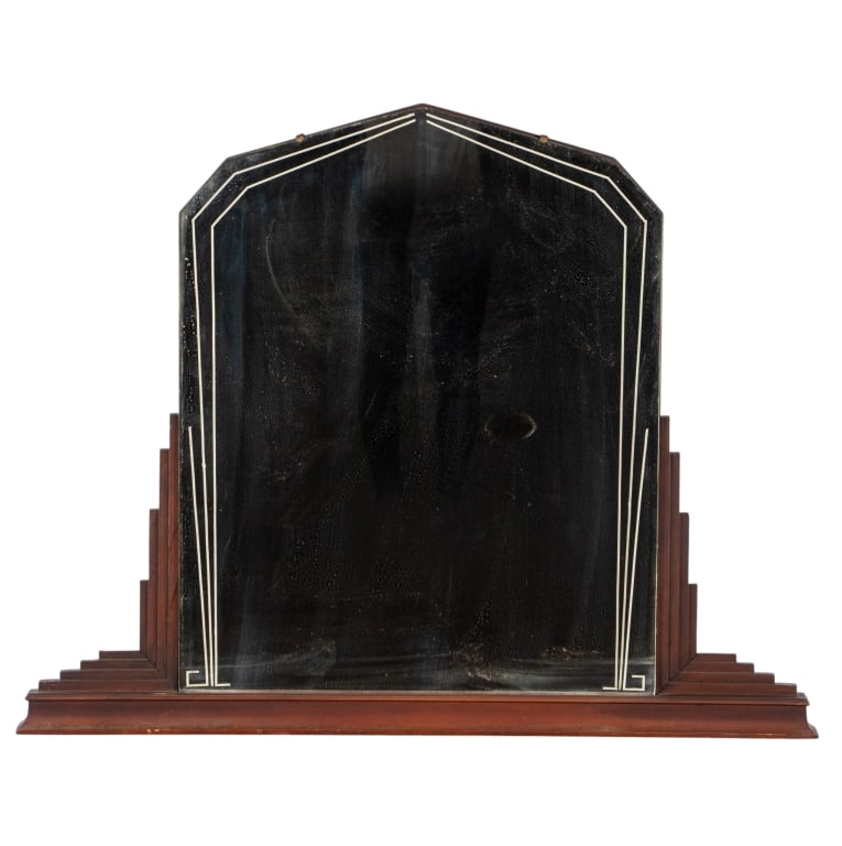 ART DECO OVERMANTEL MIRROR: Art Deco overmantel mirror with carved wood and inlaid geometric accents. Approximate dimensions: h. 32", w. 40, d. 2" Disclaimer: Participating bidders must have a credit card on file with
