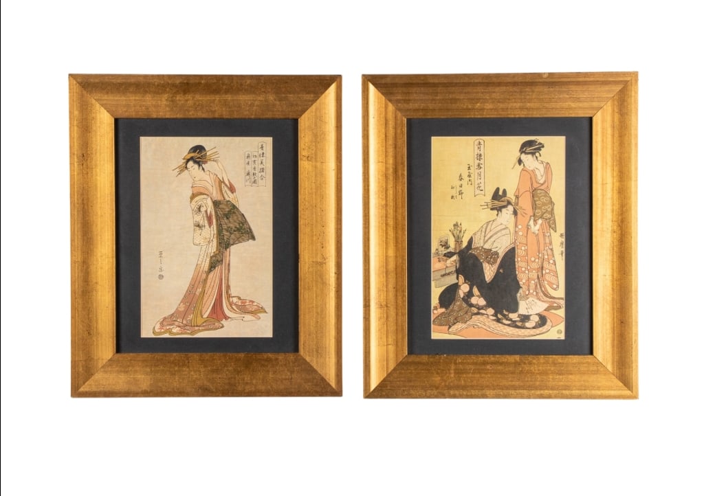 PAIR OF JAPANESE WOODBLOCKS: Pair of vintage Japanese woodblocks. Framed. Approximate dimensions: h. 19", w. 15.5", d. 1" Disclaimer: Participating bidders must have a credit card on file with LiveAuctioneers in order for their