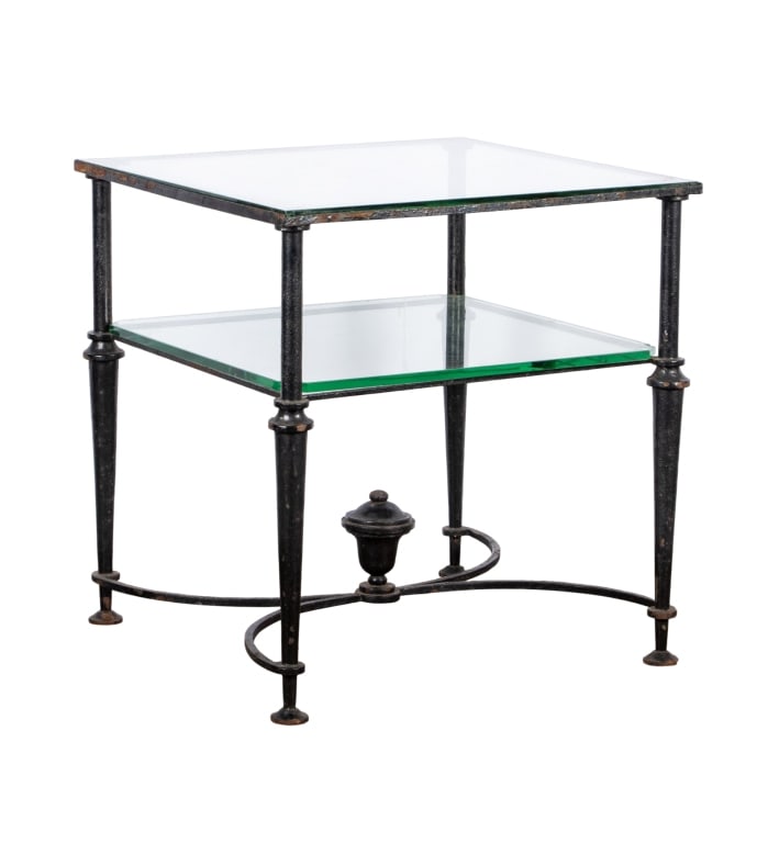 MODERN GLASS & METAL ACCENT TABLE: Modern glass & metal accent table. Approximate dimensions: h. 24", w. 23", d. 22" Disclaimer: Participating bidders must have a credit card on file with LiveAuctioneers in order for their bidding regi