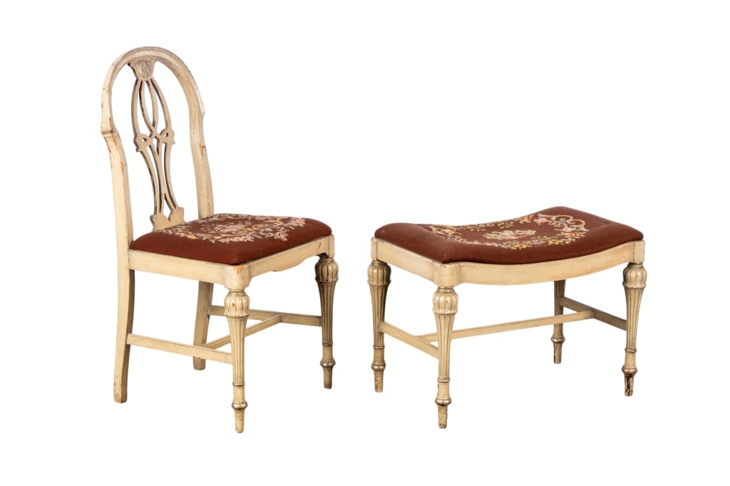 20TH CENTURY POLYCHROME CHAIR WITH OTTOMAN: 20th century. Polychrome chair with ottoman with stretcher base and floral needlepoint on the seats. Approximate dimensions: chair h. 36", w. 18", d. 16"; ottoman h. 18", w. 24", d. 15" Disclaimer: Pa