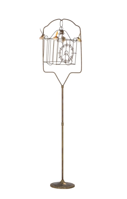 VINTAGE DECORATIVE BRASS BIRD CAGE: Vintage decorative brass bird cage with clock motif and four faux birds. Approximate dimensions: h. 66", w. 16", d. 9" Disclaimer: Participating bidders must have a credit card on file with