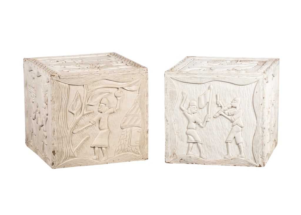 PAIR OF MODERN FIGURAL END TABLES: Pair of modern figural end tables with different genre scenes on each side. Approximate dimensions: h. 20", w. 18", d. 18" Disclaimer: Participating bidders must have a credit card on file with