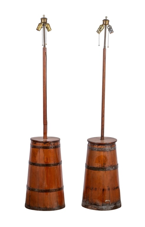 PAIR OF 20TH CENTURY BUTTER CHURN FLOOR LAMPS: Pair of 20th century butter churn floor lamps. Approximate dimensions: h. 54", dia. 10.5" Disclaimer: Participating bidders must have a credit card on file with LiveAuctioneers in order for their