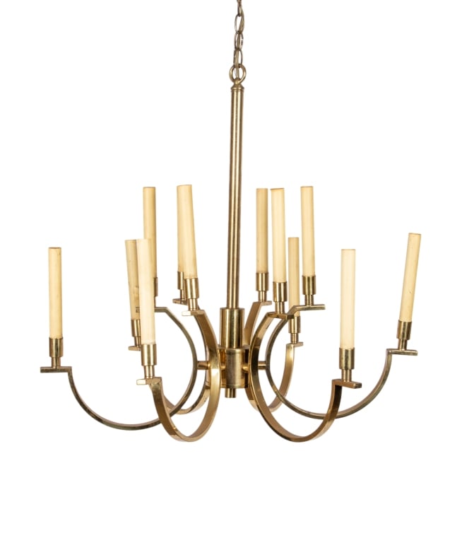 MODERN BRASS 12-ARM CHANDELIER: Modern brass 12-arm chandelier. Approximate dimensions: h. 29", dia. 30.5" Disclaimer: Participating bidders must have a credit card on file with LiveAuctioneers in order for their bidding