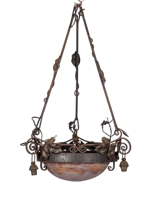 MULLER FRERES STYLE CHANDELIER: Muller Freres style chandelier with botanical motif throughout. Approximate dimensions: h. 31", dia. 16" Disclaimer: Participating bidders must have a credit card on file with LiveAuctioneers in order