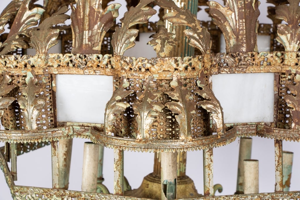 VINTAGE FILIGREE METAL & GLASS CHANDELIER - 10