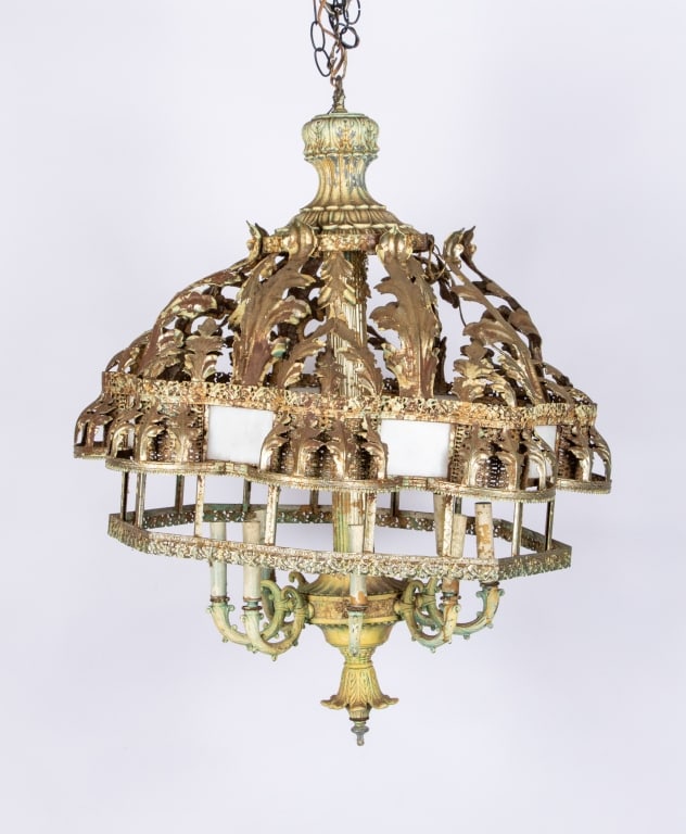 VINTAGE FILIGREE METAL & GLASS CHANDELIER - 3