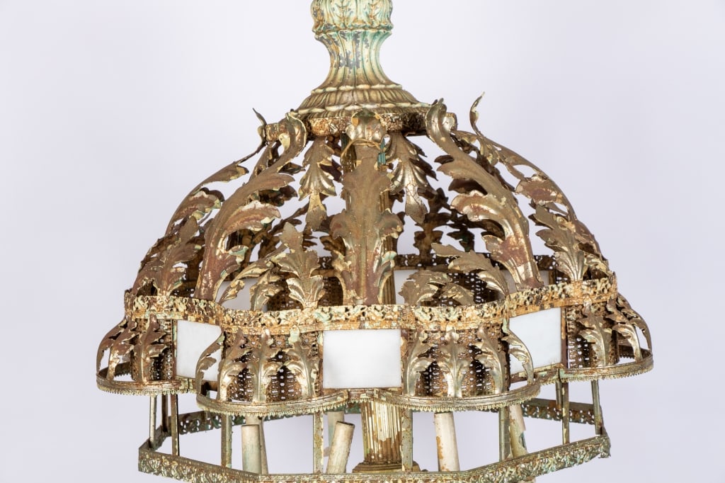 VINTAGE FILIGREE METAL & GLASS CHANDELIER - 4