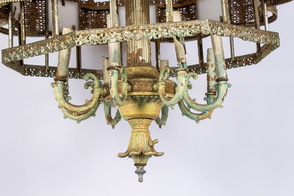 VINTAGE FILIGREE METAL & GLASS CHANDELIER - 7