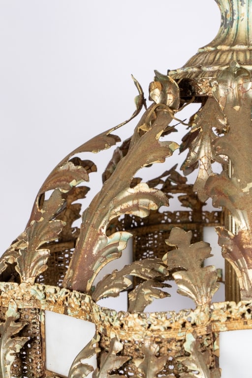 VINTAGE FILIGREE METAL & GLASS CHANDELIER - 9