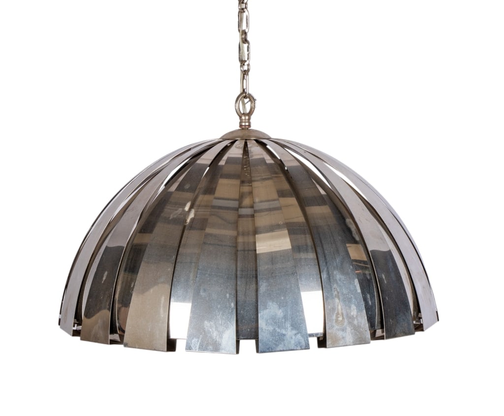 ELIO MARTINELLI STYLE CHROME PENDANT: Elio Martinelli style chrome pendant. Approximate dimensions: h. 11", dia. 22" Disclaimer: Participating bidders must have a credit card on file with LiveAuctioneers in order for their bidding