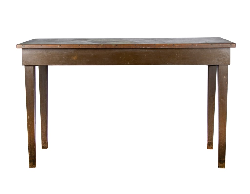 VINTAGE METAL WORK TABLE: Vintage metal work table. Approximate dimensions: h. 42", w. 72", d. 30" Disclaimer: Participating bidders must have a credit card on file with LiveAuctioneers in order for their bidding registration