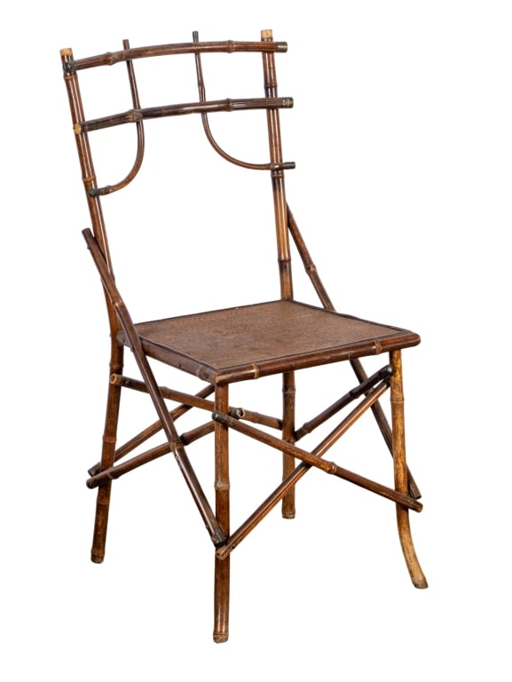 20TH CENTURY BAMBOO ACCENT CHAIR: 20th century. Bamboo accent chair. Approximate dimensions: h. 36", w. 18", d. 18" Disclaimer: Participating bidders must have a credit card on file with LiveAuctioneers in order for their bidding regi