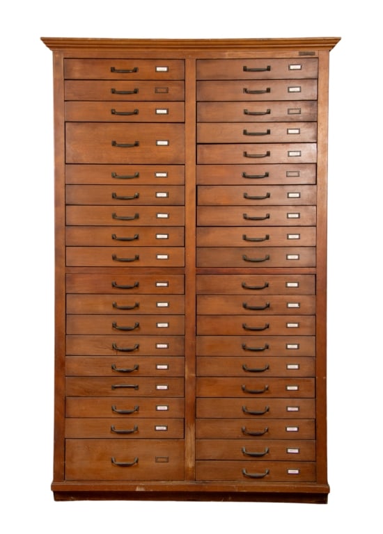 HAMILTON 38-DRAWER OAK FILE CABINET: Hamilton 38-drawer oak file cabinet. Approximate dimensions: h. 70", w. 41", d. 27" Disclaimer: Participating bidders must have a credit card on file with LiveAuctioneers in order for their bidding re