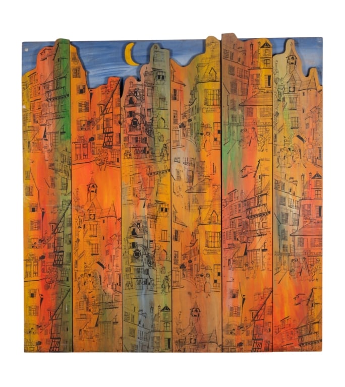 LARGE SKYSCRAPER DIVIDER, MM ON BOARD: Large skyscraper divider, mixed media on board, apparently unsigned. Approximate dimensions: h. 72", w. 69", d. 2.5" Disclaimer: Participating bidders must have a credit card on file with