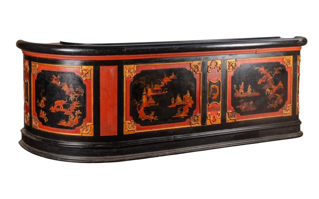 20TH C. CHINOISERIE BAR COUNTER: 20th century Chinoiserie bar counter. Approximate dimensions: h. 44.5", w. 122", d. 31" Disclaimer: Participating bidders must have a credit card on file with LiveAuctioneers in order for their biddin