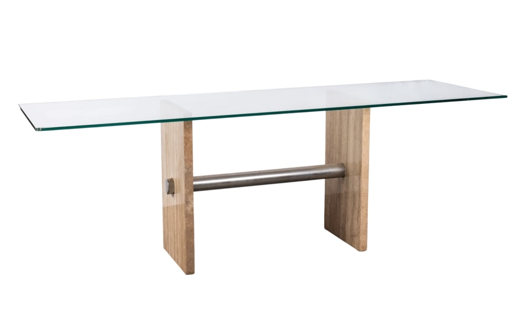 MODERN TRAVERTINE AND CHROME CONSOLE TABLE (1 of 5)