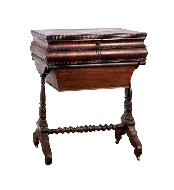19TH C. MAHOGANY SEWING TABLE: Mahogany sewing table with stretcher base, fitted interior mirror and multiple compartments, and castered legs. Approximate dimensions: h. 29", w. 23", d. 17" Disclaimer: Participating bidders must