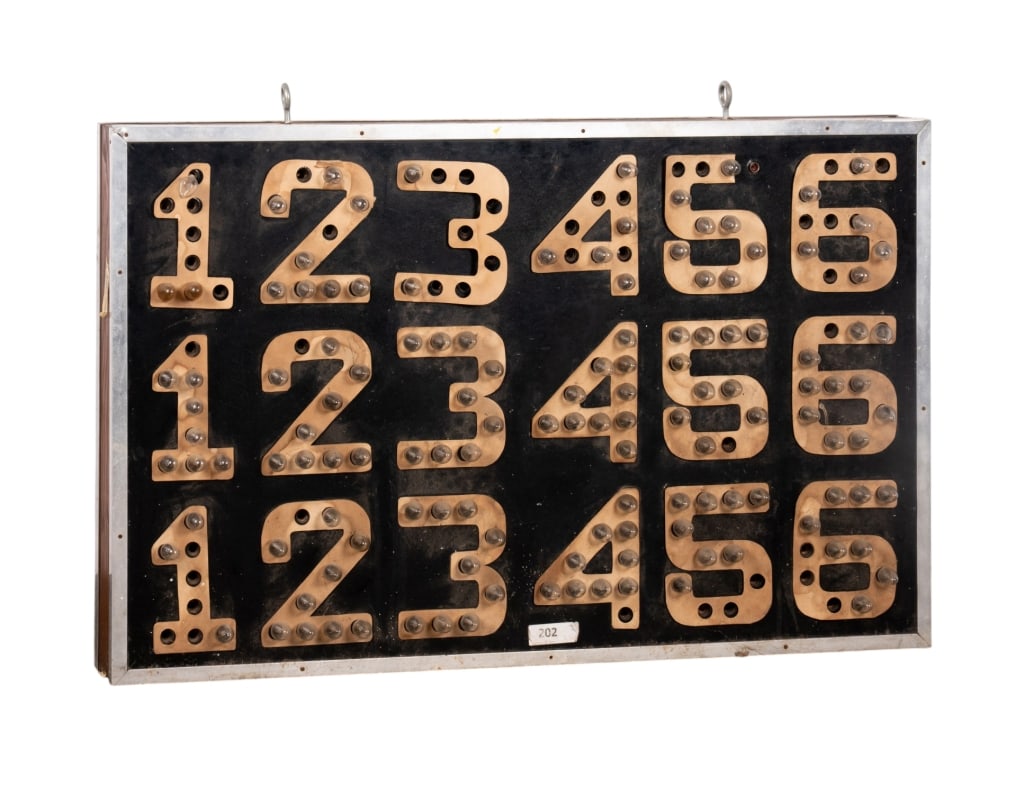 VINTAGE SCOREBOARD: Vintage scoreboard. Approximate dimensions: h. 27", w. 22.25", d. 5" Disclaimer: Participating bidders must have a credit card on file with LiveAuctioneers in order for their bidding registration to