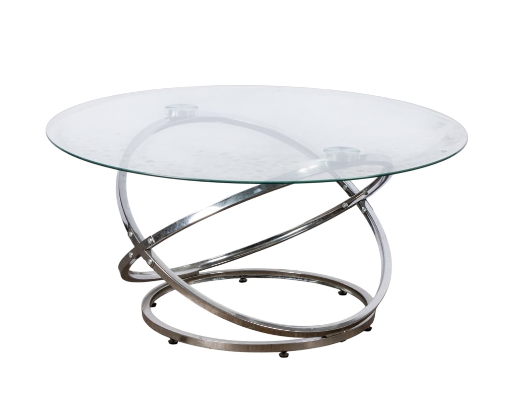 CONTEMPORARY CHROME & GLASS COFFEE TABLE: Contemporary chrome and glass coffee table. Approximate dimensions: h. 18", dia. 38" Disclaimer: Participating bidders must have a credit card on file with LiveAuctioneers in order for their bidding r