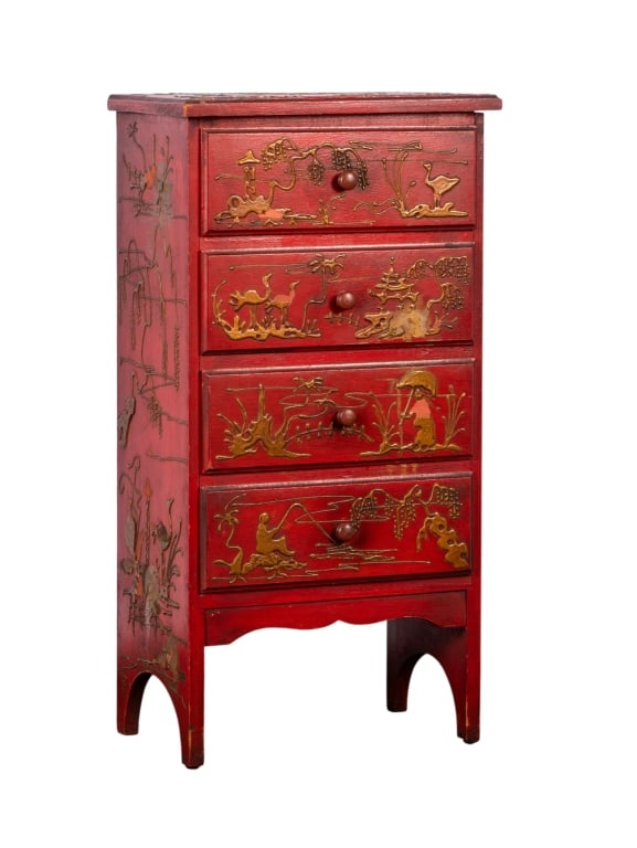 CONTEMPORARY CHINOISERIE FOUR-DRAWER CABINET: Contemporary. Chinoiserie four-drawer cabinet. Approximate dimensions: h. 30", w. 16", d. 9.5" Disclaimer: Participating bidders must have a credit card on file with LiveAuctioneers in order for their