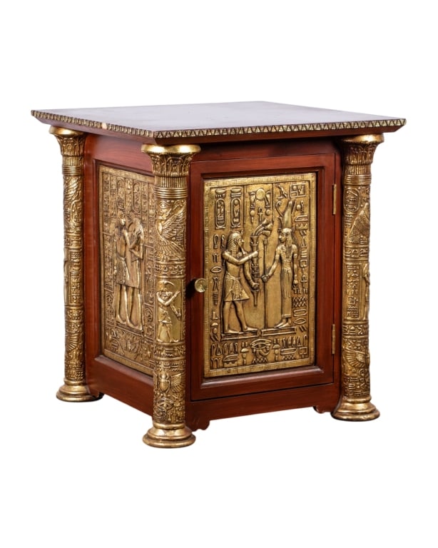 CONTEMPORARY EGYPTIAN STYLE CABINET: Contemporary. Egyptian style cabinet. Approximate dimensions: h. 26", w. 24", d. 24" Disclaimer: Participating bidders must have a credit card on file with LiveAuctioneers in order for their bidding