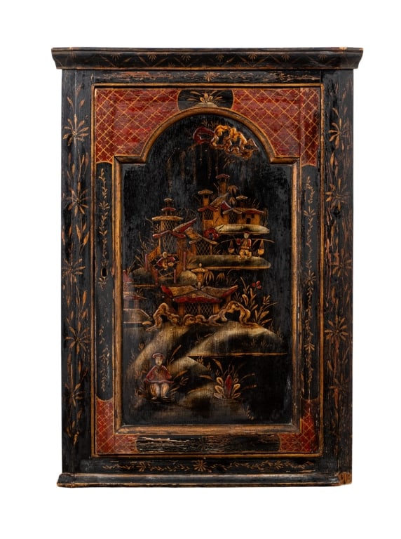 VINTAGE CHINOISERIE HANGING CORNER CABINET: Vintage chinoiserie hanging corner cabinet. Approximate dimensions: h. 31", w. 22", d. 12" Disclaimer: Participating bidders must have a credit card on file with LiveAuctioneers in order for their bid