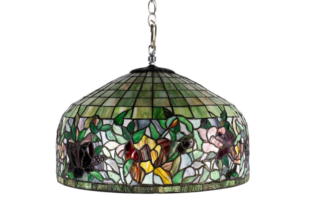 LARGE TIFFANY STYLE FLORAL PENDANT LIGHT: Large Tiffany style floral pendant light with colorful stained glass floral detail and whispy glass accents. Approximate dimensions: h. 14", dia. 20" Disclaimer: Participating bidders must have a