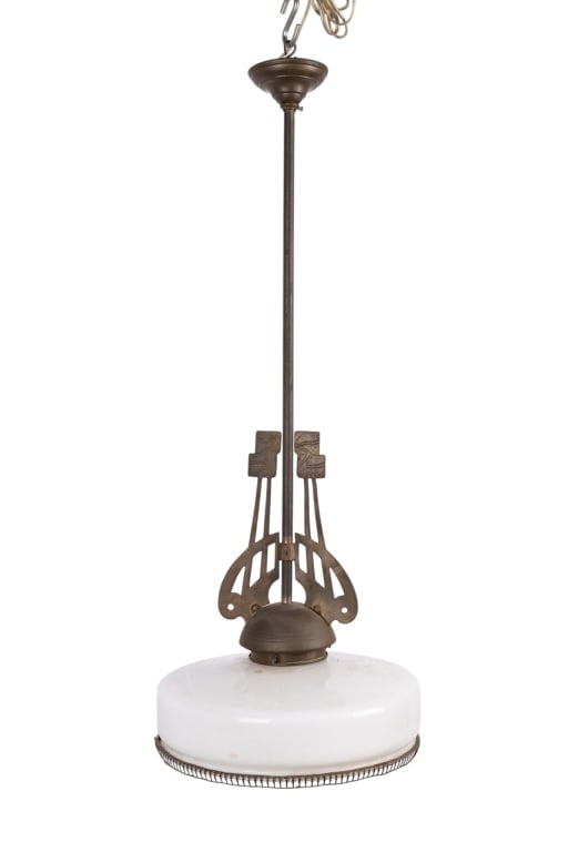 ART DECO STYLE BRASS & MILK GLASS LIGHT FIXTURE: Art Deco style brass and milk glass light fixture. Approximate dimensions: h. 30", dia. 12" Disclaimer: Participating bidders must have a credit card on file with LiveAuctioneers in order for their bi