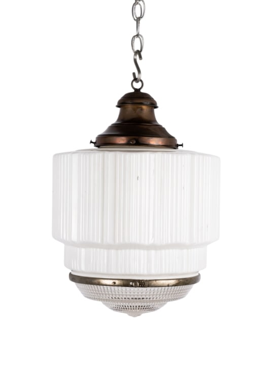 ART DECO MILK GLASS PENDANT LIGHT: Art Deco milk glass pendant light with cut glass bottom. Approximate dimensions: h. 18", dia. 14" Disclaimer: Participating bidders must have a credit card on file with LiveAuctioneers in order for th
