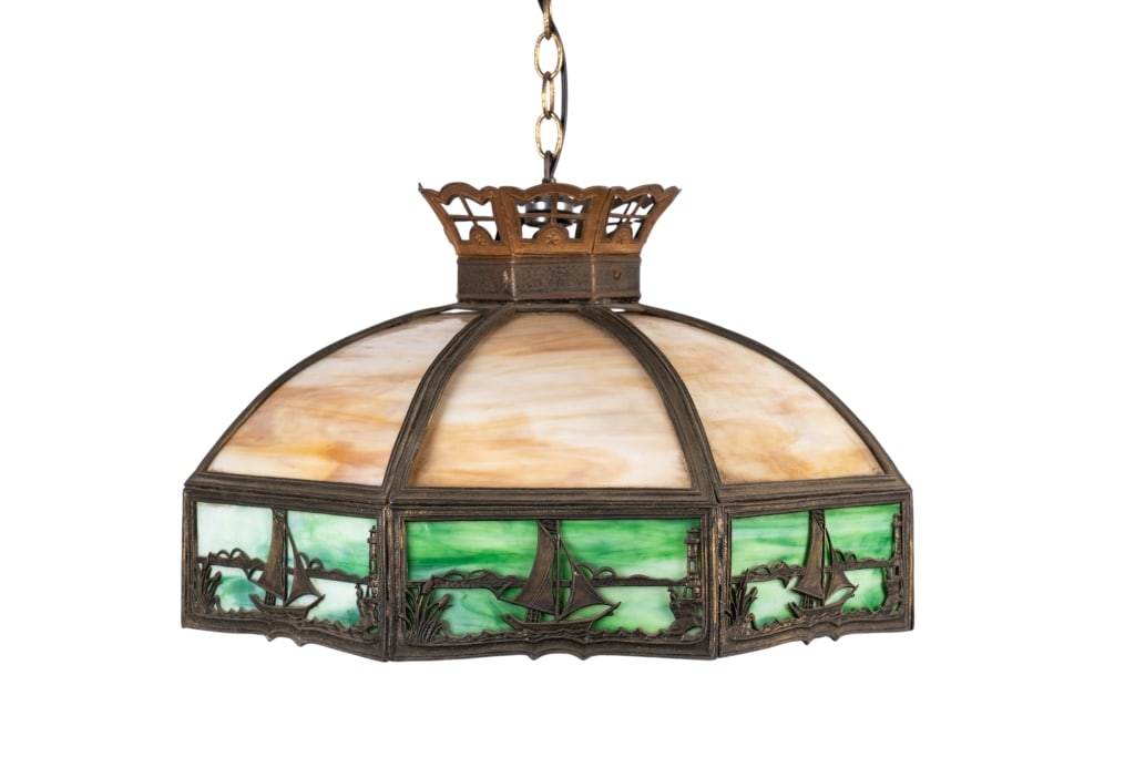 ARTS & CRAFTS GLASS & BRONZE LIGHT FIXTURE: Arts & Crafts glass and bronze light fixture with ship motif. Approximate dimensions: h. 16", dia. 22" Disclaimer: Participating bidders must have a credit card on file with LiveAuctioneers in order f