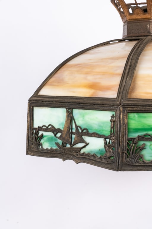 ARTS & CRAFTS GLASS & BRONZE LIGHT FIXTURE - 5