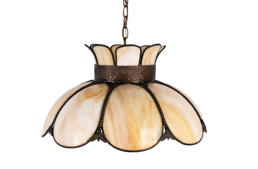 VINTAGE TULIP SLAG GLASS LIGHT FIXTURE: Vintage tulip slag glass light fixture. Approximate dimensions: h. 11.5", dia. 19" Disclaimer: Participating bidders must have a credit card on file with LiveAuctioneers in order for their bidding