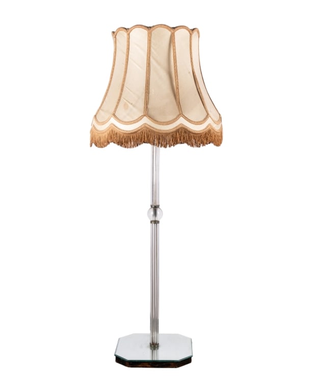 VINTAGE LUCITE & GLASS FLOOR LAMP: Vintage lucite and glass floor lamp with lucite stand and mirrored base. Approximate dimensions: h. 61", d. 24" Disclaimer: Participating bidders must have a credit card on file with LiveAuctioneers i