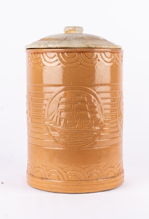 VINTAGE LIDDED JAR WITH SHIP MOTIF - 5