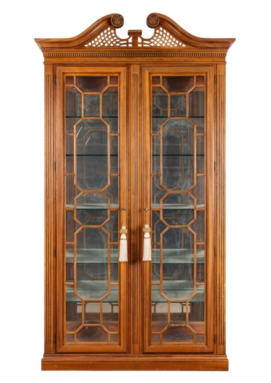 AMERICAN FRUITWOOD HUTCH BUFFET: American fruitwood hutch buffet. Approximate dimensions: h. 85", w. 48", d. 17.5" Disclaimer: Participating bidders must have a credit card on file with LiveAuctioneers in order for their bidding