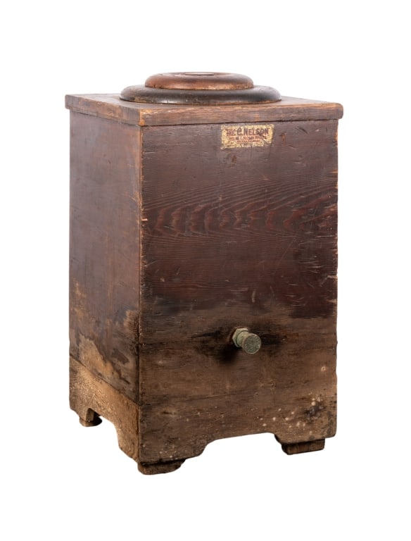THE C. NELSON ICEBOX/REFRIGERATOR: The C. Nelson icebox/refrigerator. Approximate dimensions: h. 33", w. 19", d. 19" Disclaimer: Participating bidders must have a credit card on file with LiveAuctioneers in order for their bidding