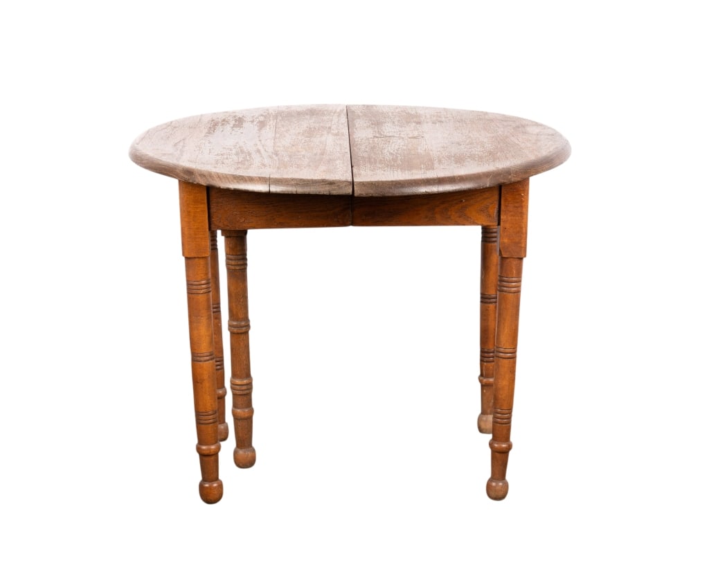 SALESMAN SAMPLE ROUND TABLE: Salesman sample round table with two leaves. Approximate dimensions: h. 18.5", dia. 24" Disclaimer: Participating bidders must have a credit card on file with LiveAuctioneers in order for their biddin