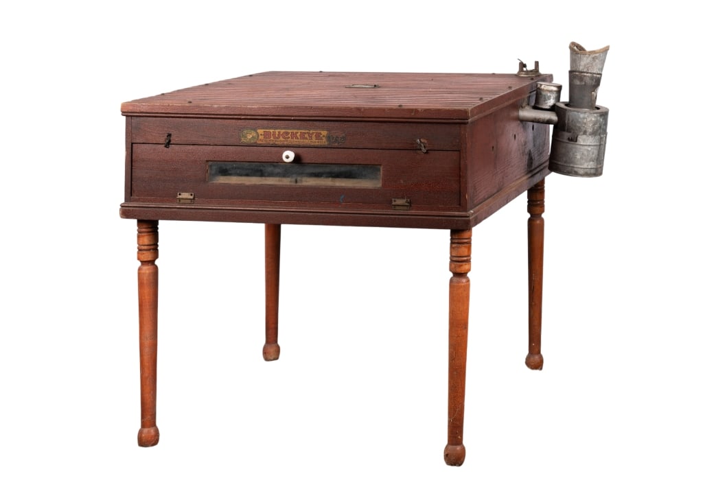 BUCKEYE EGG INCUBATOR TABLE: Buckeye egg incubator table. Approximate dimensions: h. 30", w. 32", d. 32" Disclaimer: Participating bidders must have a credit card on file with LiveAuctioneers in order for their bidding registrati