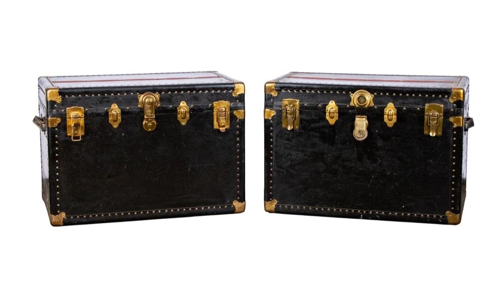 PAIR OF VINTAGE BREAKLESS BAGGAGE STEAMER TRUNKS: Pair of vintage breakless baggage steamer trunks, one monogrammed C.R.L and one J.H.L to the side. Approximate dimensions: h. 22.5", w. 32", d. 20" Disclaimer: Participating bidders must have a