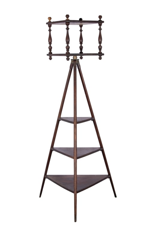 WOOD TRIPOD SWIVEL ETAGERE: Wood tripod swivel etagere. Approximate dimensions: h. 67", w. 24.5", d. 21" Disclaimer: Participating bidders must have a credit card on file with LiveAuctioneers in order for their bidding