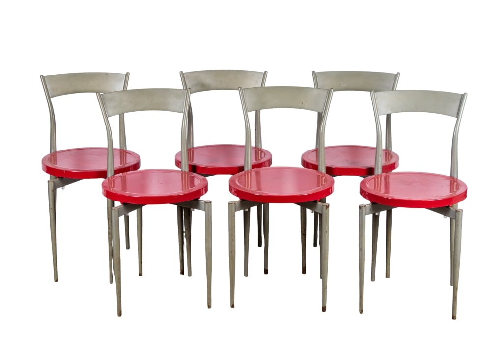 SET OF 6 MODERN INDUSTRIAL DINING CHAIRS: Set of 6 modern industrial dining chairs with metal round red seats. Approximate dimensions: h. 30.5", w. 15", d. 17" Disclaimer: Participating bidders must have a credit card on file with
