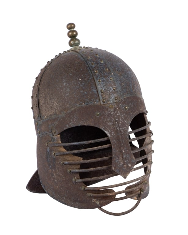 20TH C. REPRO STEEL MEDIEVAL HELMET: 20th century reproduction steel medieval helmet. Approximate dimensions: h. 14", w. 12", d. 10" Disclaimer: Participating bidders must have a credit card on file with LiveAuctioneers in order for thei