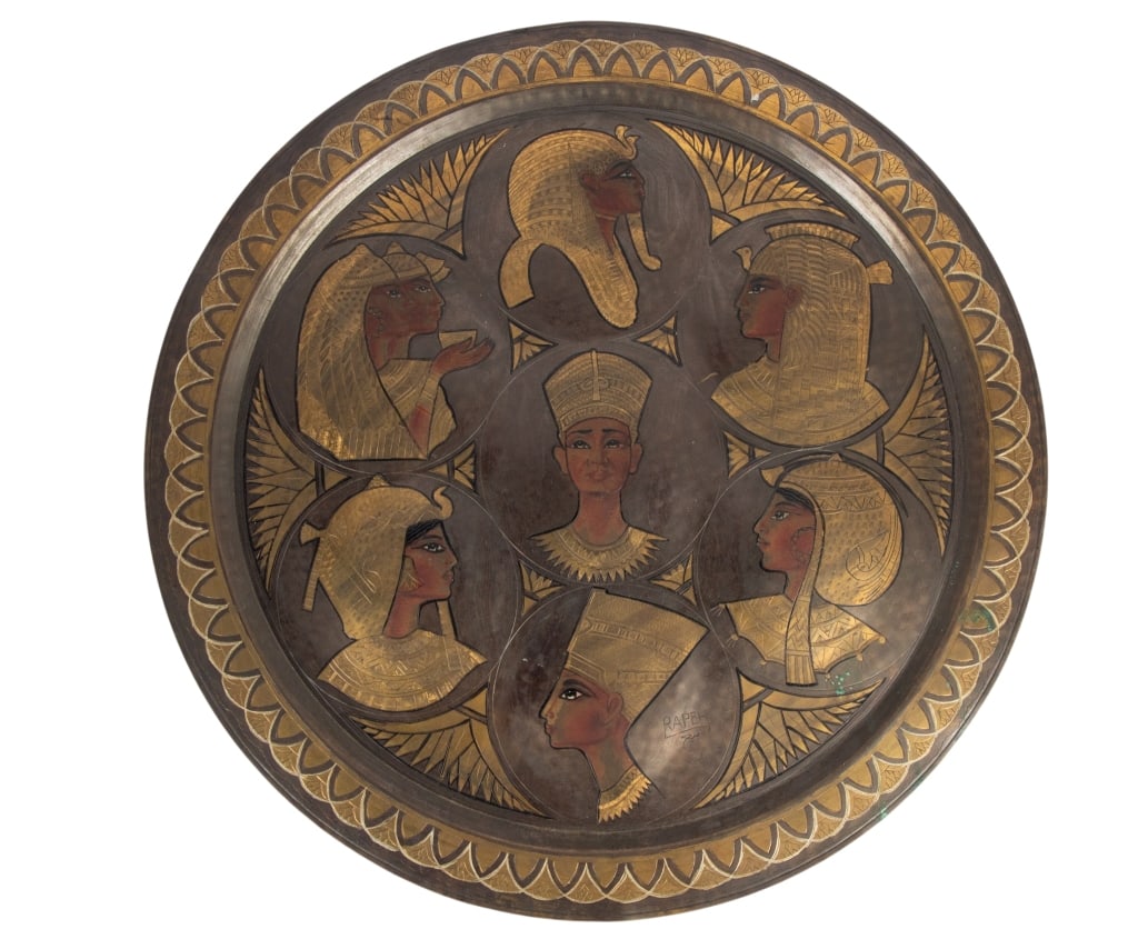 VINTAGE EGYPTIAN STYLE BRASS PLATTER: Vintage Egyptian style brass platter. Approximate dimensions: dia. 27" Disclaimer: Participating bidders must have a credit card on file with LiveAuctioneers in order for their bidding registration